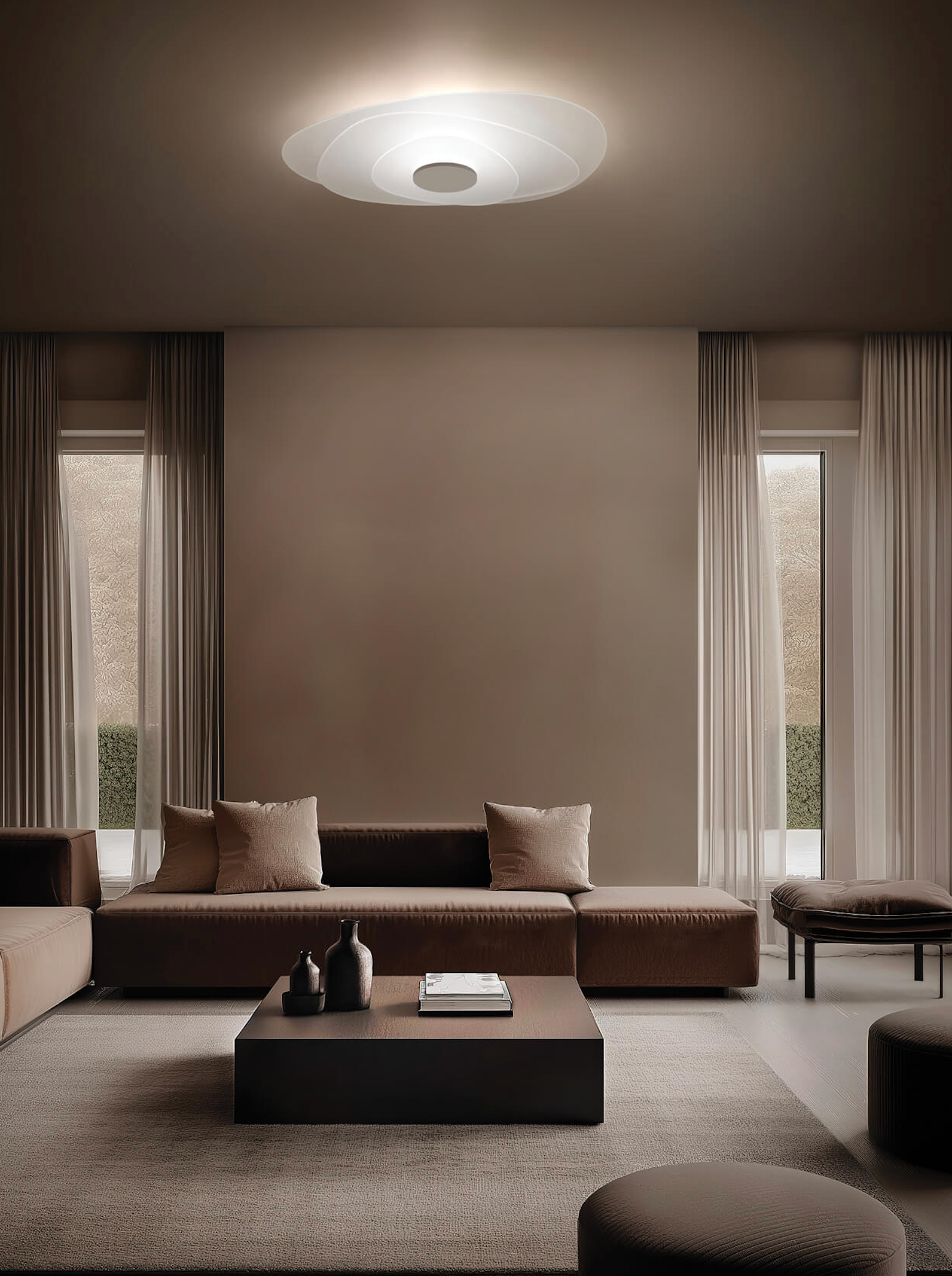 Contemporary living room with Linealight ceiling lamp in the center, modern sofas and minimalist decor in neutral tones