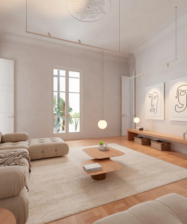 Salon minimaliste avec suspensions design à boules lumineuses au plafond.
