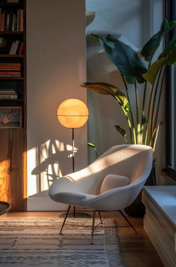 Coin lecture avec fauteuil design clair, éclairé par un lampadaire boule diffusant une lumière chaude et la lumière naturelle entrant par la fenêtre.