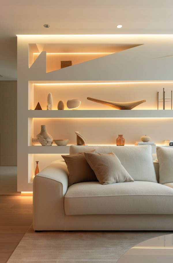 Salon élégant avec canapé beige, éclairé par des niches murales rétroéclairées par des bandes LED diffusant une lumière chaude.
