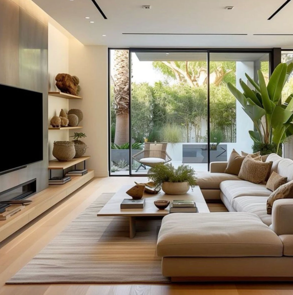 Salon contemporain avec canapé beige, éclairé par des spots encastrés au plafond et largement ouvert sur l’extérieur grâce à une baie vitrée laissant entrer la lumière naturelle.