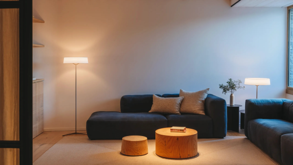Salon cosy avec canapé sombre et tables basses en bois, éclairé par un lampadaire et une lampe de table assortis diffusant une lumière douce et chaleureuse.
