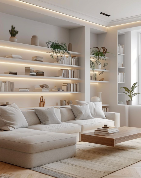 Salon lumineux avec canapé clair et étagères murales rétroéclairées par des bandes LED intégrées diffusant une lumière douce.