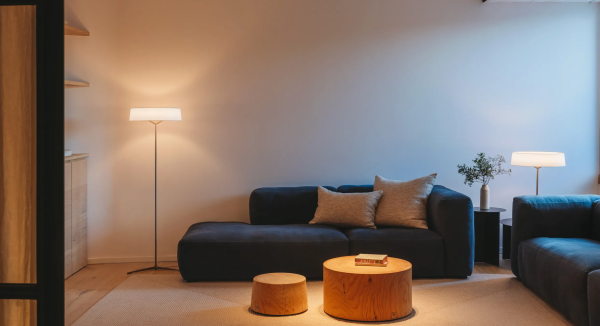 Séjour moderne éclairé par une lampe de sol diffusant une lumière chaude, mettant en valeur les meubles du séjour.
