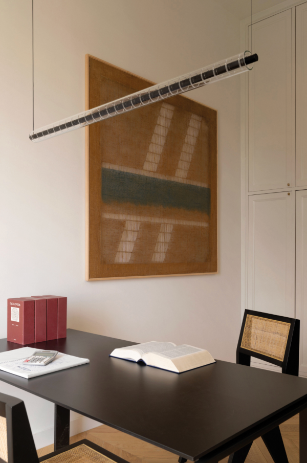 Simple workspace with suspended linear lighting, black table, and natural decorative elements.