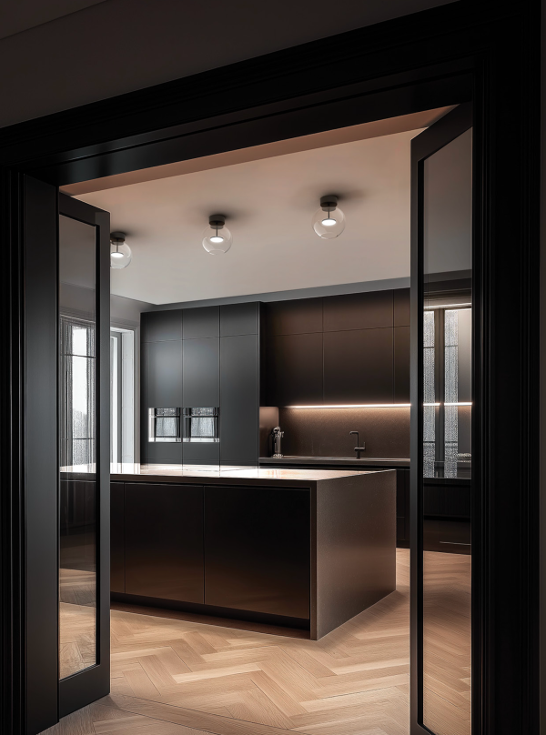 Plafonniers en verre diffusant une lumière douce dans une cuisine moderne noire avec éclairage linéaire sous les meubles hauts.