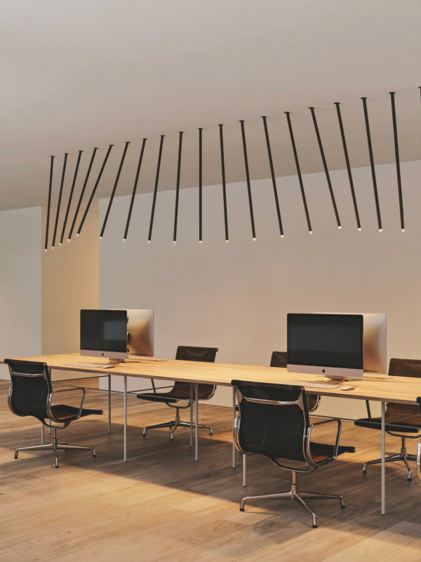 Contemporary workspace with a long wooden table, black chairs, and graphic linear suspended lighting.
