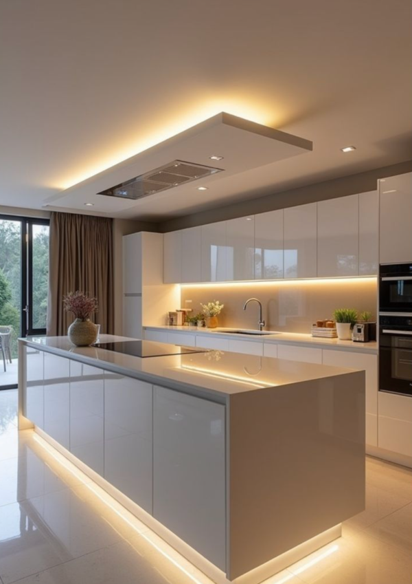 Éclairage indirect au plafond, sous les meubles et à la base de l’îlot, illuminant une cuisine moderne blanche avec finition brillante.