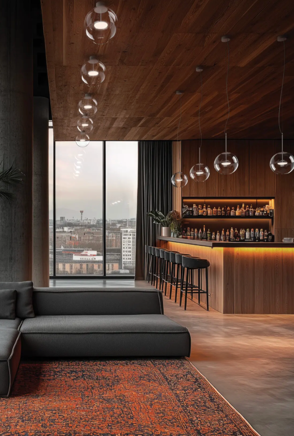 Suspensions en verre transparent diffusant une lumière douce au-dessus d’un bar moderne avec éclairage indirect chaleureux.