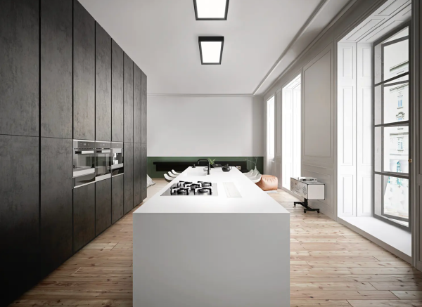 Éclairage plafond rectangulaire diffusant une lumière homogène au-dessus d’un îlot de cuisine moderne.