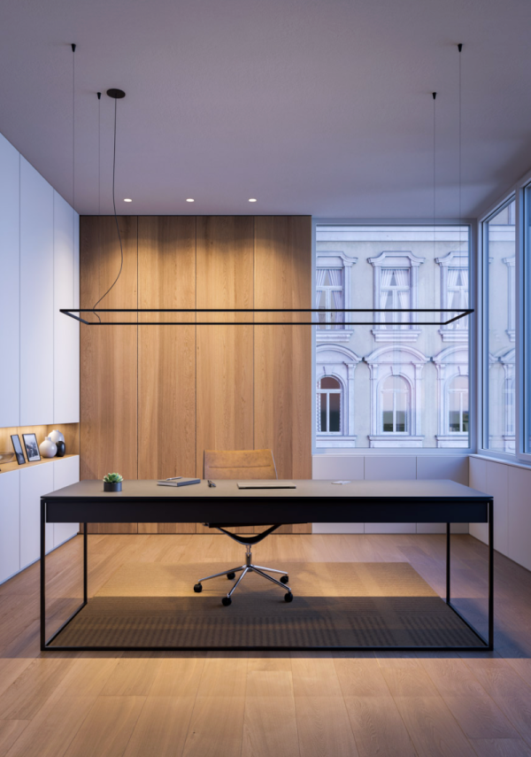 Bright and elegant office with large windows, warm wooden wall, and minimalist pendant light above the desk.