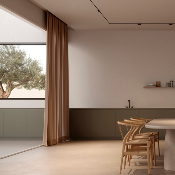 Espace intérieur minimaliste avec éclairage encastré au plafond, diffusant une lumière douce et homogène.