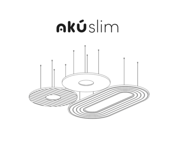 Illustration des luminaires acoustiques Akúslim suspendus, présentant différents modèles circulaires et ovales au design épuré.