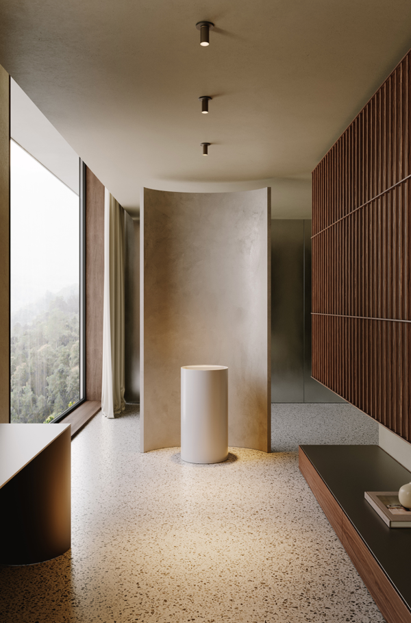 Couloir au design minimaliste avec sol en terrazzo et panneaux muraux en bois, éclairé par des projecteurs encastrés en surface Beak Ceiling Point de Venicem, offrant une lumière ciblée et élégante.