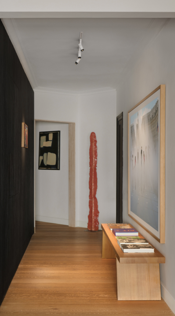 Couloir contemporain avec projecteurs orientables blancs au plafond, offrant un éclairage directionnel mettant en valeur les œuvres d’art et la décoration.