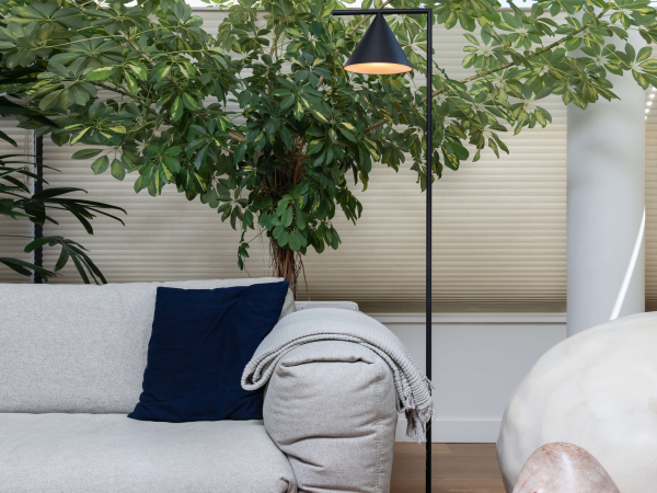 Minimalist black metal floor lamp with an adjustable conical shade, casting focused light beside a light grey sofa in an interior accented with lush green plants.