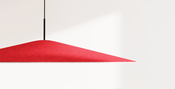 Red cone-shaped acoustic pendant light photographed from the side against a white background, with a vertical black rod.