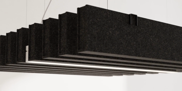 Black acoustic pendant made of thick vertical panels with an integrated light strip at the bottom, photographed against a light background.