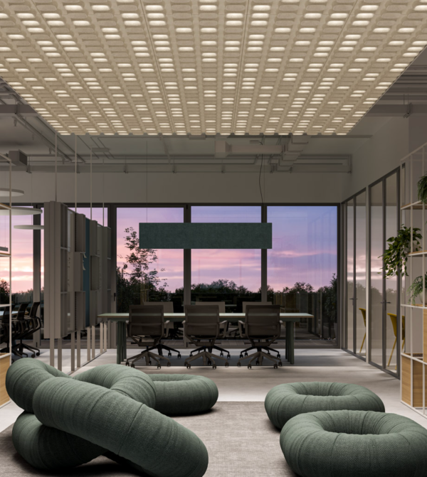 Ceiling covered with acoustic lighting modules in a modern office space, featuring a rectangular acoustic pendant in the center.