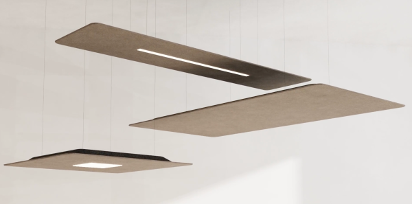 Three suspended rectangular acoustic panels in a beige tone, each featuring a different integrated light source, photographed against a light background