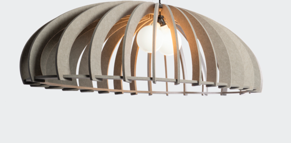 Dome-shaped acoustic pendant light made of curved grey slats, revealing bulbs emitting a warm light, photographed against a light background.