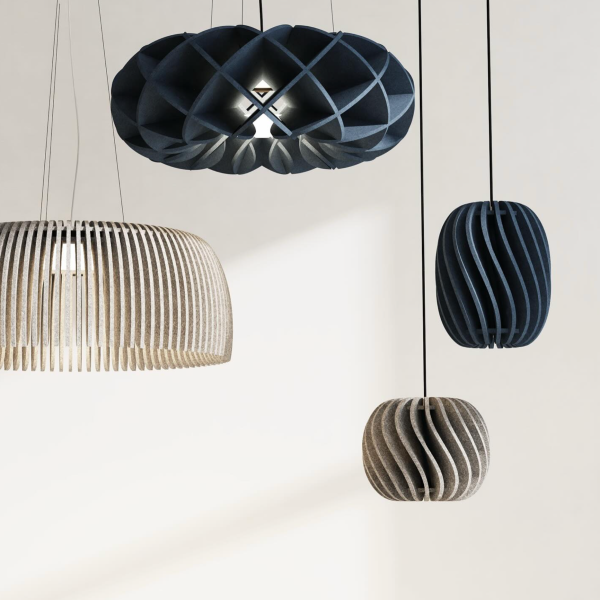 Group of acoustic pendant lights with organic shapes, each made of slatted or openwork felt structures in blue and beige tones, photographed against a light background.