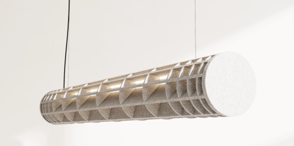 Grey felt cylindrical acoustic pendant with an openwork design revealing an internal light strip, photographed against a light background.