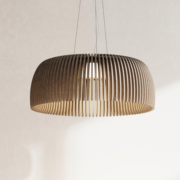 Dome-shaped acoustic pendant light made of thin vertical beige slats, revealing a soft central light, photographed against a light background.