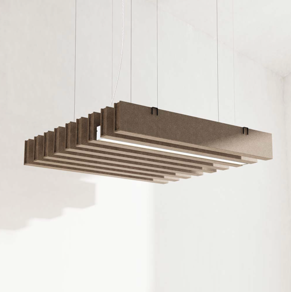 Rectangular beige acoustic pendant made of parallel felt panels with an integrated light strip underneath, suspended by thin cables against a light background.