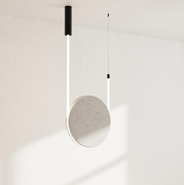 Beige felt circular acoustic pendant suspended between two vertical light tubes mounted on the ceiling, photographed against a light background.