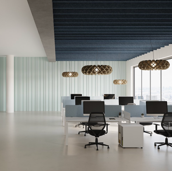 Woven cloud-shaped acoustic pendant lights hanging above a modern office space with aligned workstations and a blue acoustic ceiling.