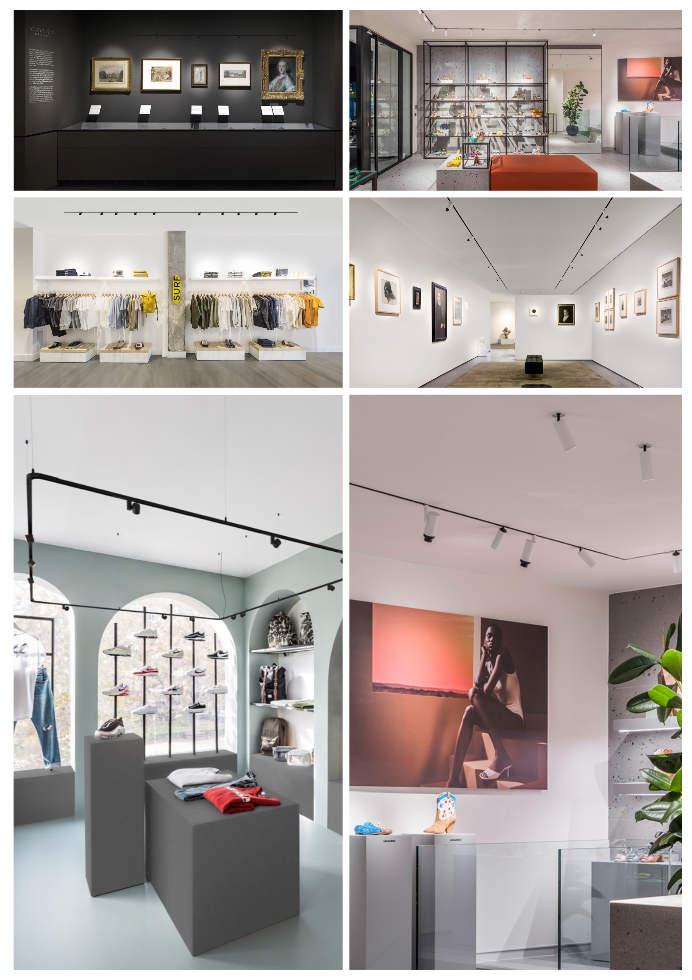 Moodboard de musées et magasins intégrant des rails lumineux Arkoslight 24V et 48V, utilisés pour mettre en valeur œuvres d’art, produits et espaces commerciaux dans un design contemporain.