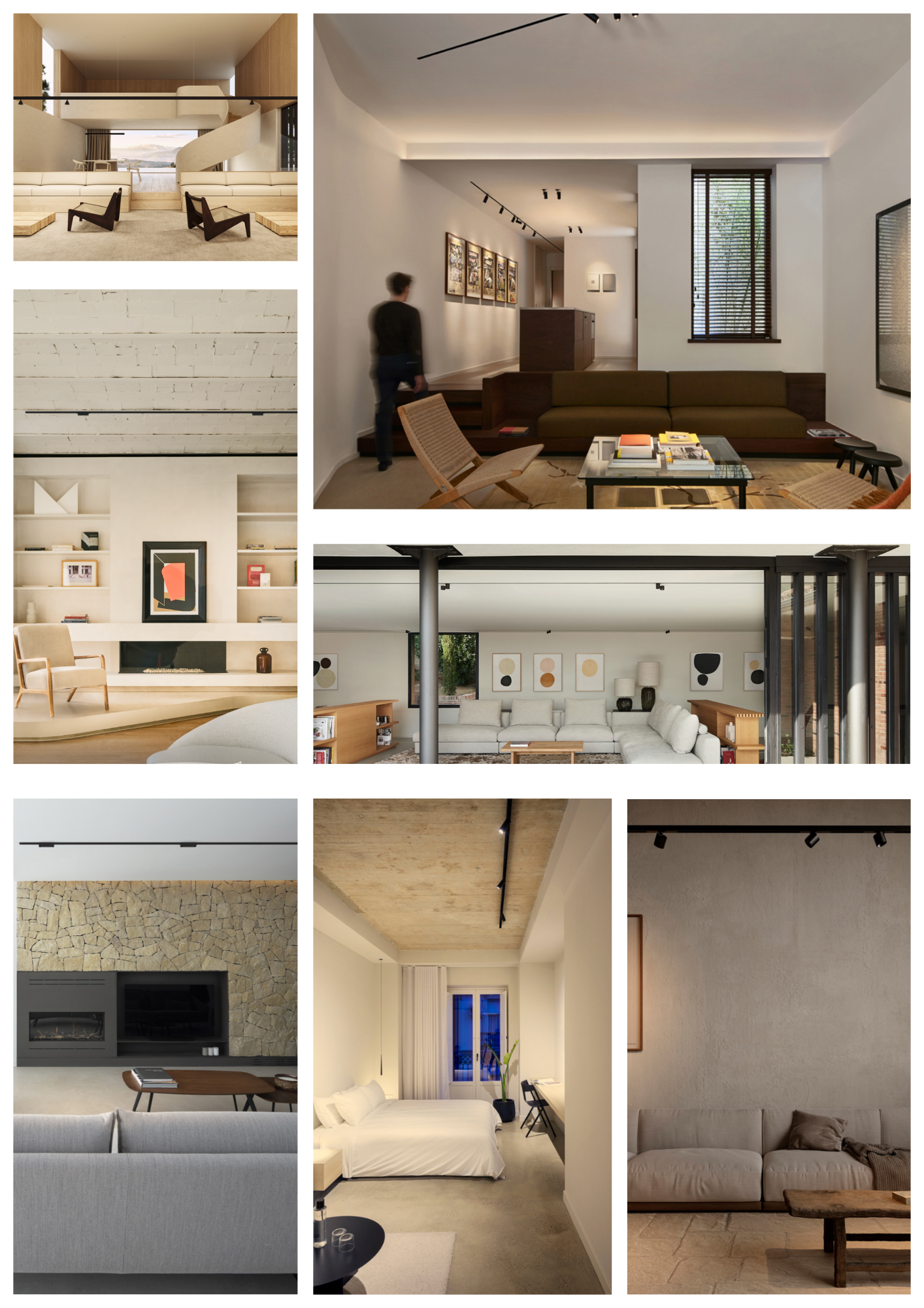 Moodboard d’inspiration intérieure présentant différents espaces résidentiels équipés de rails lumineux Arkoslight 48V, intégrés discrètement dans des plafonds et murs aux styles variés – minimaliste, contemporain et chaleureux.