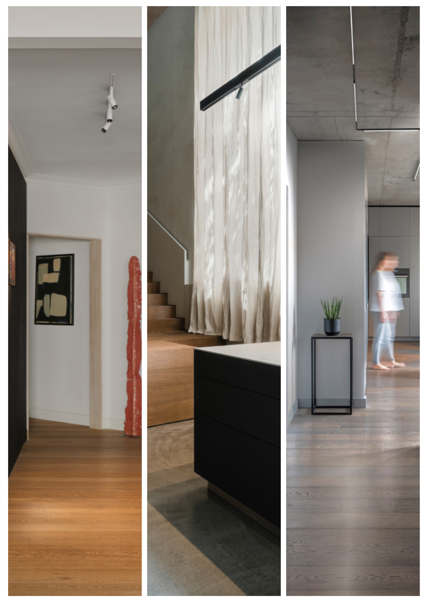 Moodboard de zones de circulation résidentielles – couloirs, escaliers et halls – intégrant des rails lumineux Arkoslight 24V et 48V dans un design contemporain et épuré.