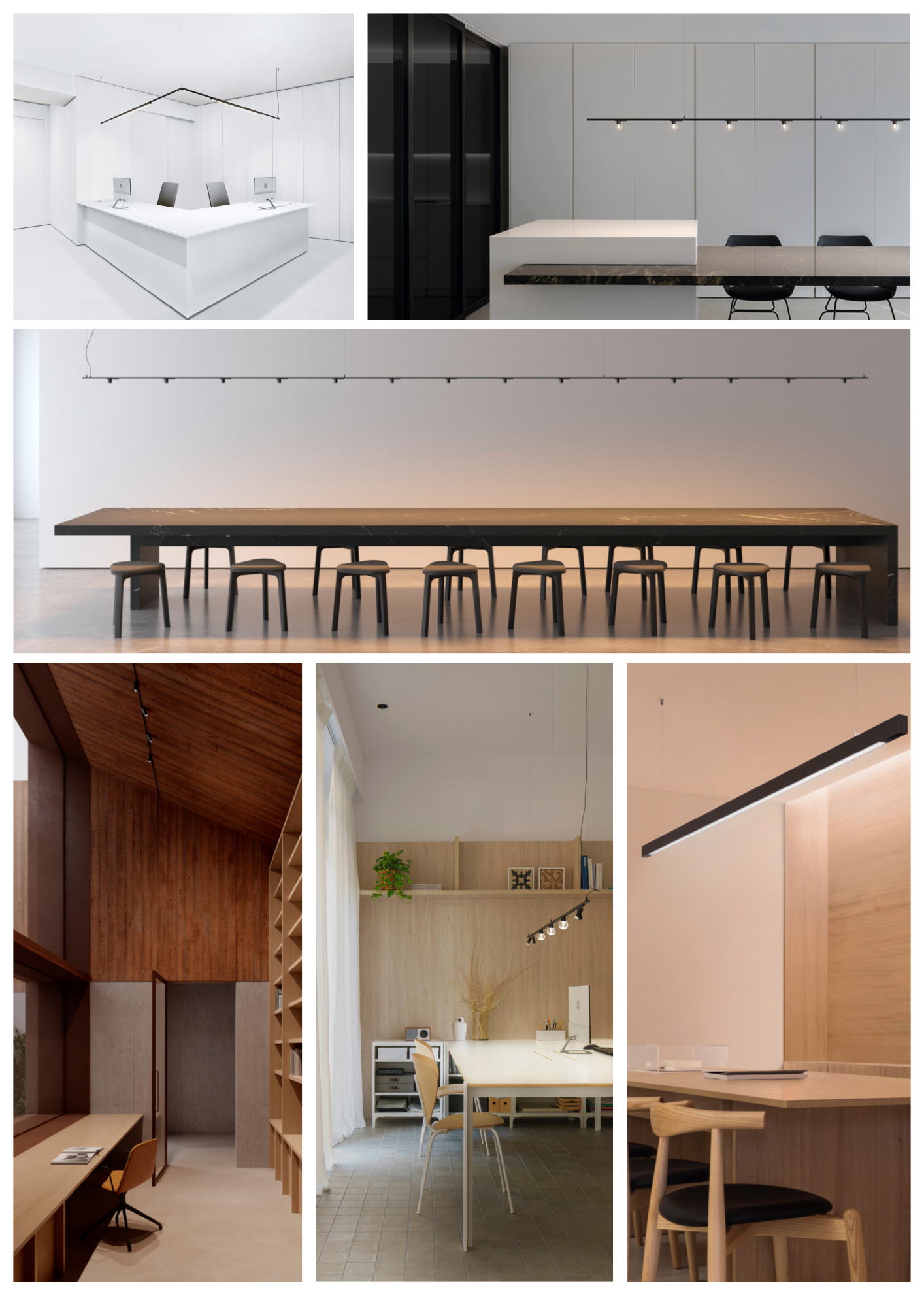 Moodboard d’espaces de travail équipés de rails lumineux Arkoslight 24V et 48V, intégrés dans des bureaux modernes et contemporains au design épuré.