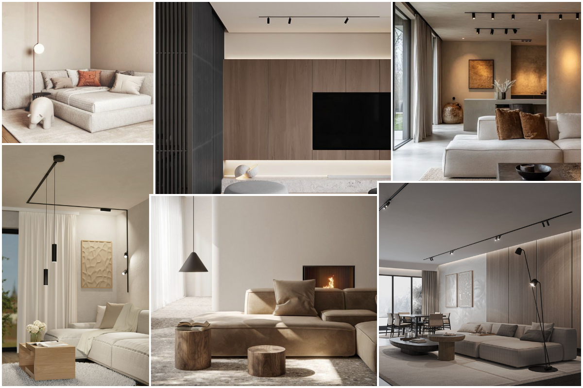 Salons modernes au design minimaliste, mettant en valeur différents types d’éclairage décoratif et architectural : suspensions, projecteurs sur rail et lampadaires.