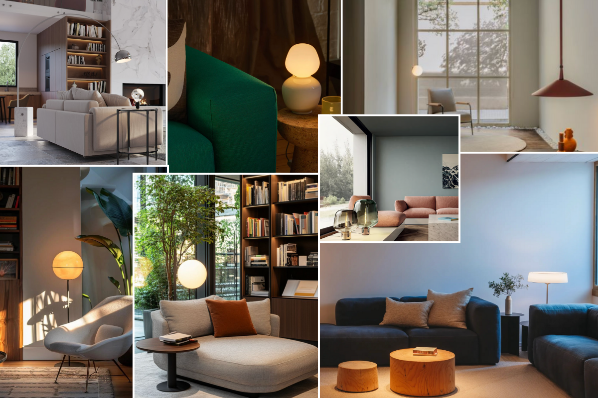 Coins lecture modernes et chaleureux, aménagés avec différents luminaires décoratifs et architecturaux tels que lampadaires, suspensions, lampes à poser et projecteurs sur rail.