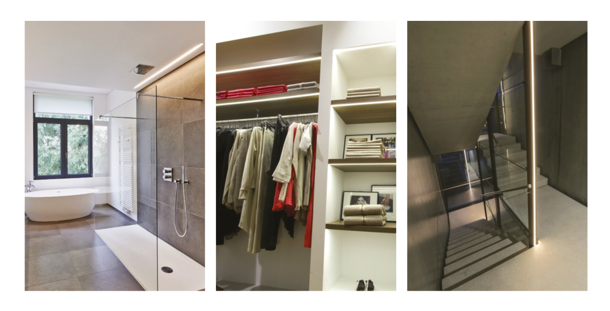 Trois exemples d’intégration de profilés linéaires LED : dans une salle de bain moderne, un dressing éclairé et un escalier contemporain, illustrant la polyvalence et l’élégance de l’éclairage architectural Lineaflex.