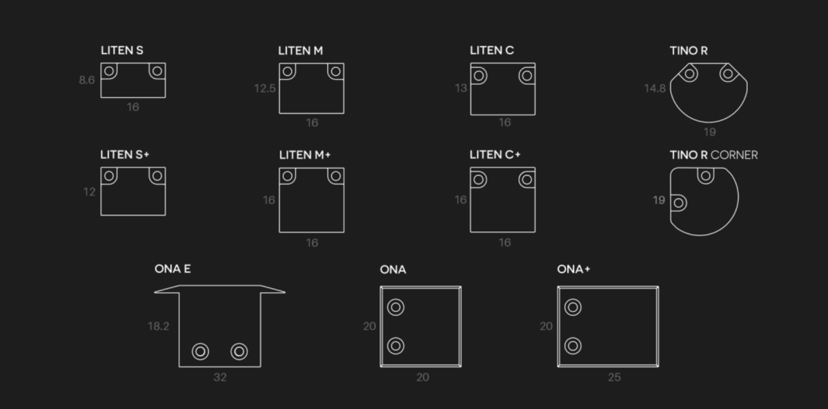Schéma technique des profils linéaires LED PICOLINEA : modèles LITEN, TINO et ONA, illustrant les différentes dimensions et formes disponibles pour s’adapter à tout type d’installation.
